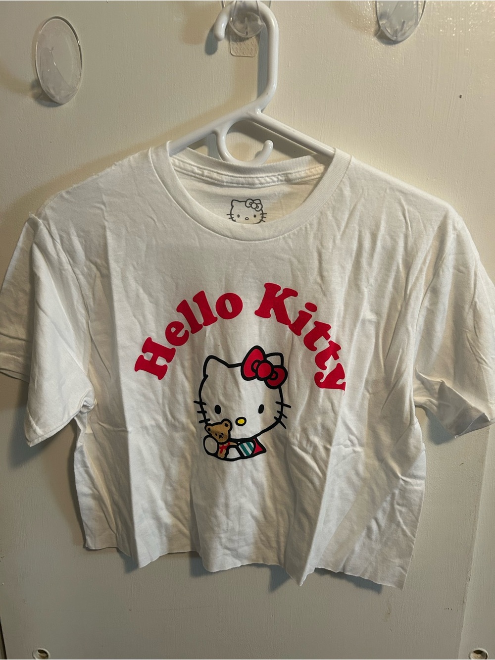 Hello Kitty White Crop Tee with Red Logo and Pink Bow